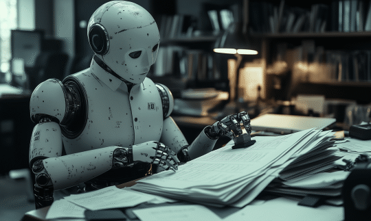White humanoid robot stamps papers in a plush office