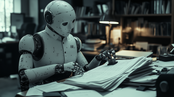 White humanoid robot stamps papers in a plush office