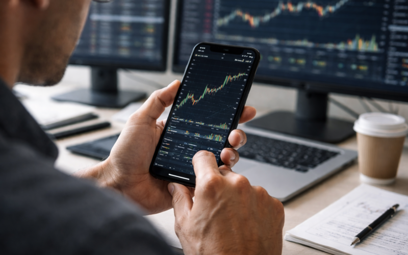 A trader analyzes a financial price chart on a smartphone while multiple market charts display on monitors in the background.