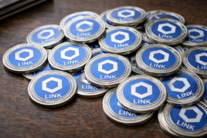 Physical Chainlink (LINK) tokens arranged in a pile on a wooden surface.