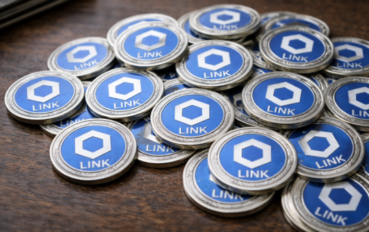 Physical Chainlink (LINK) tokens arranged in a pile on a wooden surface.