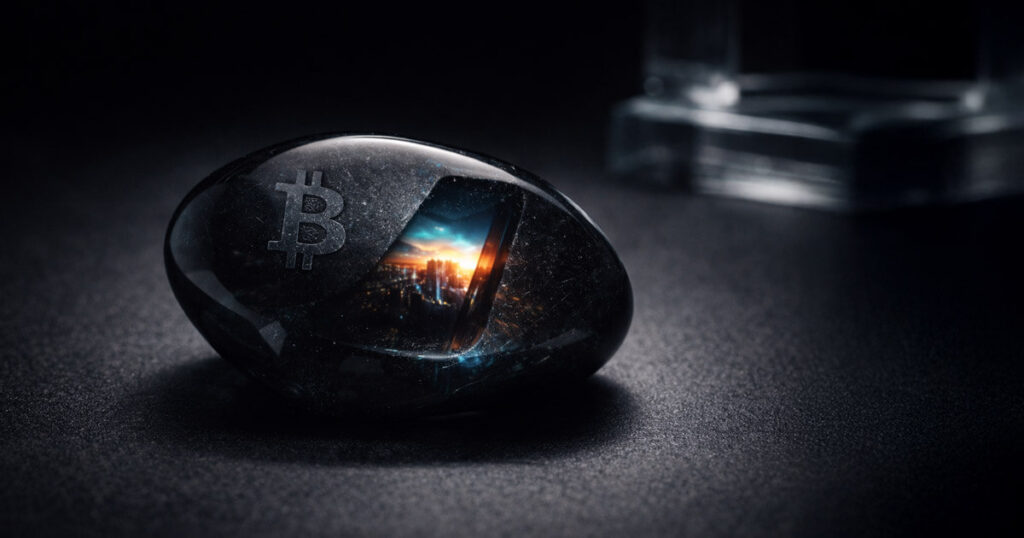 Bitcoin symbol embedded in a glossy stone revealing a hidden city image inside, representing a 66 kilobyte file concealed in a single transaction that bypassed popular blockchain filters