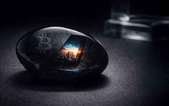 Bitcoin symbol embedded in a glossy stone revealing a hidden city image inside, representing a 66 kilobyte file concealed in a single transaction that bypassed popular blockchain filters