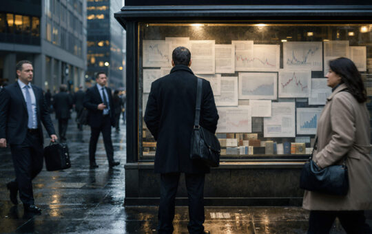 Investor studies market charts on a city street as rising US PMI data fuels stagflation fears and creates new pressure on Bitcoin