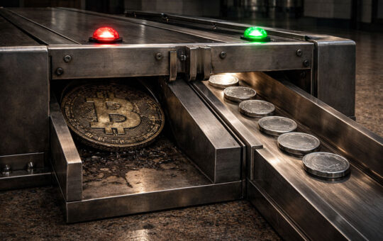 Bitcoin coin stopped at a metal gate while smaller tokens pass through, illustrating Congress targeting crypto wash-sale rules while favoring stablecoin tax treatment