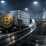 Bitcoin mining carts carrying stacked blocks on an industrial conveyor line, symbolizing power-law growth under pressure from shifting ETF inflows