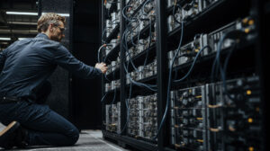 Engineer adjusting Bitcoin mining servers in a data center amid network power struggle over anti-spam proposal and disputed node support