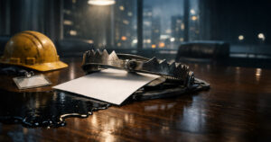 Bear trap snapping shut on a blank report beside spilled oil and a construction helmet on a boardroom table, symbolizing the Federal Reserve’s policy dilemma as soft CPI, weak jobs data, and rising oil prices collide