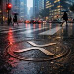 XRP logo on a rain-soaked city street as investors pull back, signaling first monthly outflow after a $1.2B ETF inflow streak