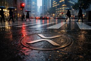 XRP logo on a rain-soaked city street as investors pull back, signaling first monthly outflow after a $1.2B ETF inflow streak