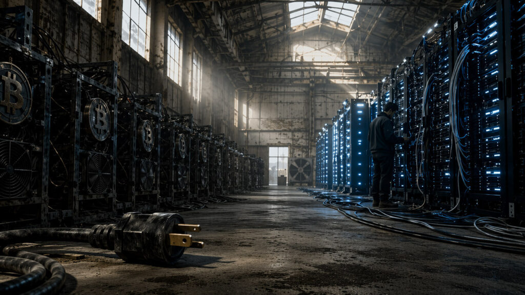 Bitcoin coin lodged in a deep crack between Wall Street and a rundown gas station street, symbolizing fragile markets as record highs clash with collapsing consumer confidence