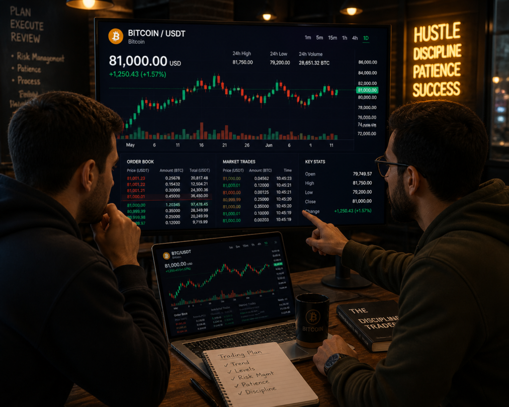 Traders analyzing Bitcoin at $81k.