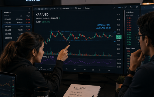 Traders analyzing XRP as it stays below $1.12