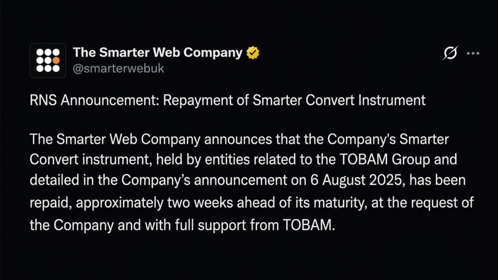 Bitcoin Treasury Firm Smarter Web Sells 177 BTC in Early Debt Repayment Move