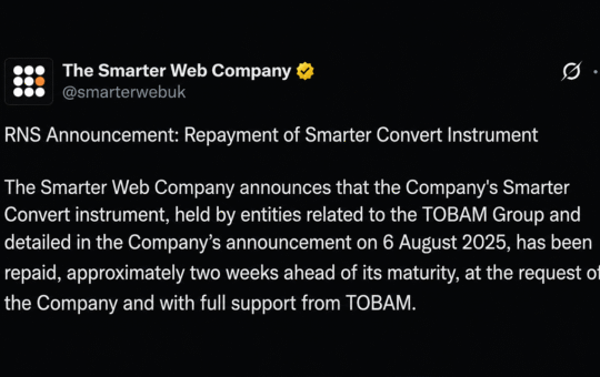 Bitcoin Treasury Firm Smarter Web Sells 177 BTC in Early Debt Repayment Move