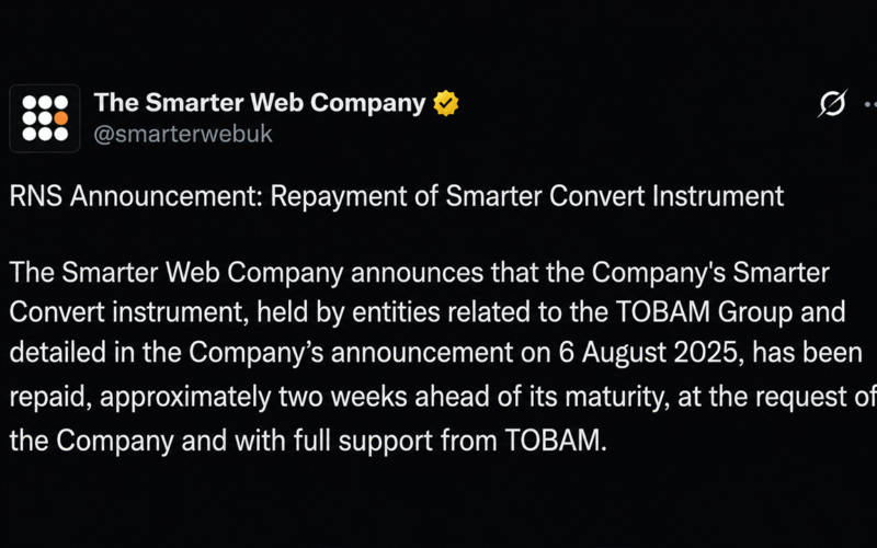 Bitcoin Treasury Firm Smarter Web Sells 177 BTC in Early Debt Repayment Move